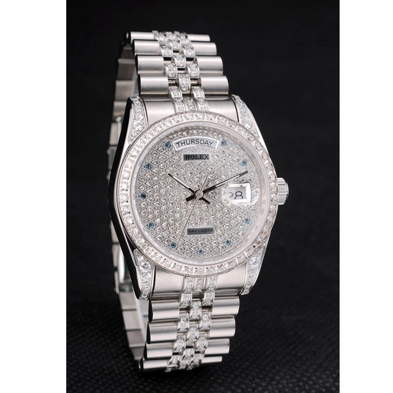 Aaa replica watch Plated Plated Steel Rolex Stainless Bracelet Dial Diamond Diamond DayDate 41985 0519